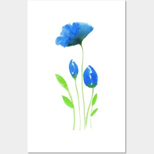 Blue flowers in modern watercolor design Posters and Art